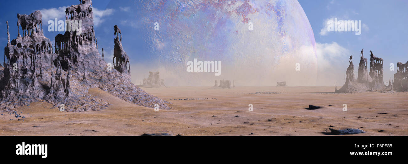 Fremden Planeten Landschaft mit seltsamen Felsformationen (3d-Grafik Banner) Stockfoto