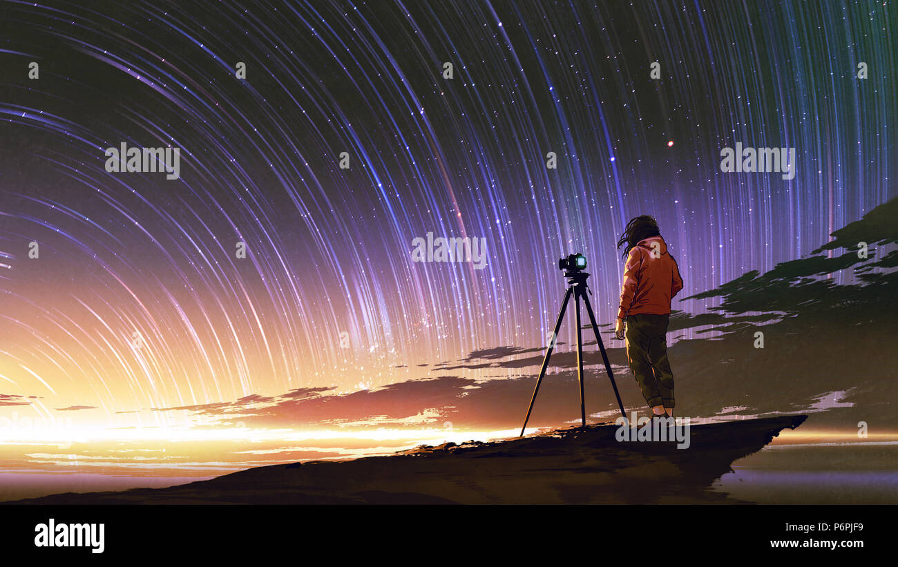 Junge Fotografen unter Bild von sunrise Himmel mit star Trails, digital art Stil, Illustration Malerei Stockfoto