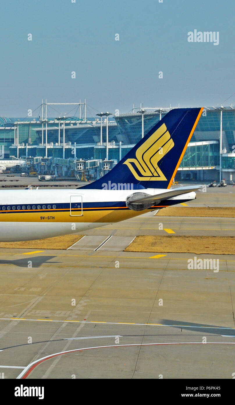Schwanz des Airbus A320 von Singapore Airlines, internationalen Flughafen Incheon in Seoul, Süd Koreaa Stockfoto
