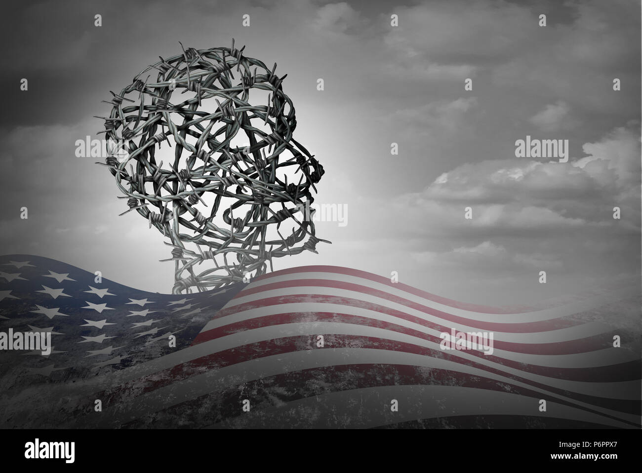 Amerikanische illegale Einwanderung und United States Border Security Gesetz als soziales Problem mit einem Flüchtling oder Vertriebener wie Stacheldraht geformt. Stockfoto