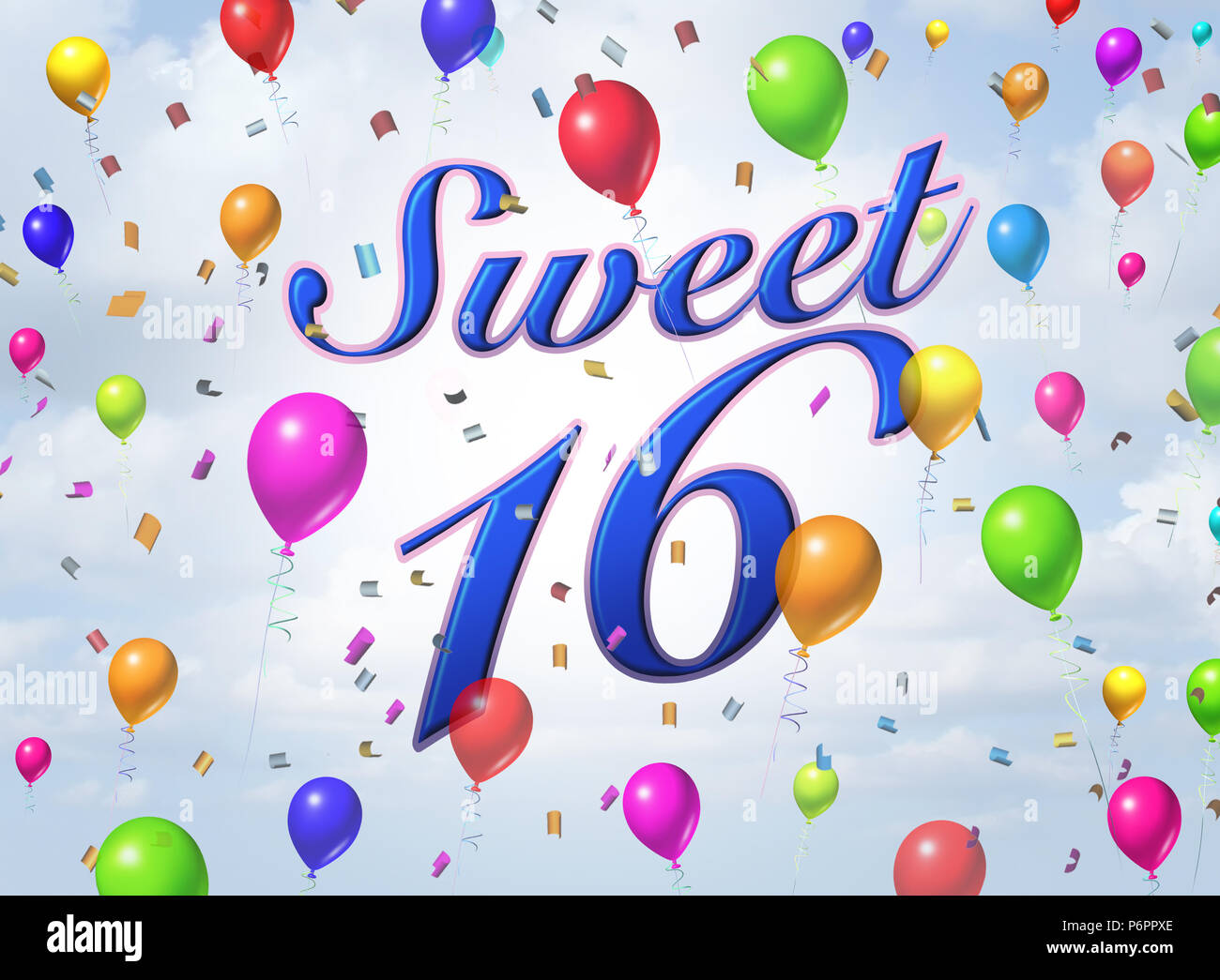 Sweet Sixteen teenager Feier Grußkarte Design mit Konfetti und Luftballons als 3D-Render. Stockfoto