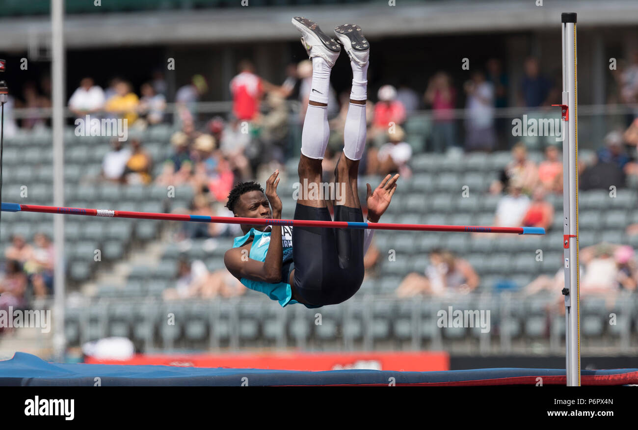 Birmingham, Großbritannien. 1. Juli 2018. Chris Kandu konkurriert in der mens High Jump final bei Tag zwei der Britischen Leichtathletik Meisterschaften an Alexander Stadium, Birmingham. Bild Datum: 1.Juli 2018. Foto: James Wilson/UK Sports Agency Credit: UK Sports Agency/Alamy leben Nachrichten Stockfoto