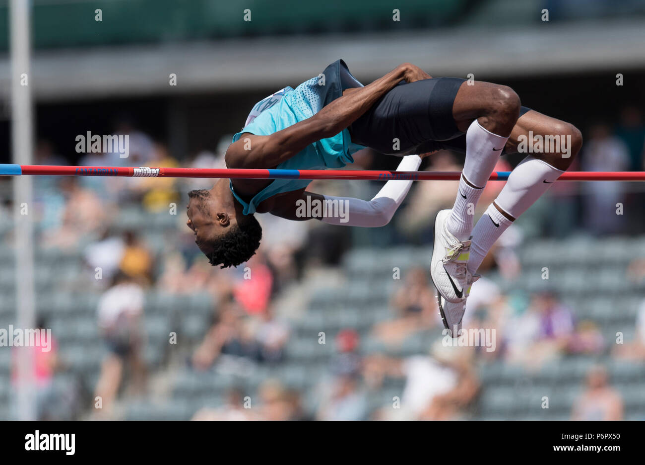 Birmingham, Großbritannien. 1. Juli 2018. Chris Kandu konkurriert in der mens High Jump final bei Tag zwei der Britischen Leichtathletik Meisterschaften an Alexander Stadium, Birmingham. Bild Datum: 1.Juli 2018. Foto: James Wilson/UK Sports Agency Credit: UK Sports Agency/Alamy leben Nachrichten Stockfoto