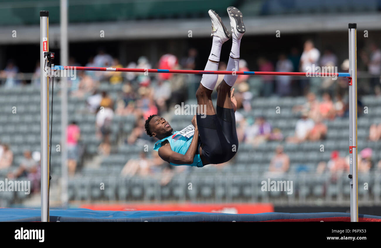 Birmingham, Großbritannien. 1. Juli 2018. Chris Kandu konkurriert in der mens High Jump final bei Tag zwei der Britischen Leichtathletik Meisterschaften an Alexander Stadium, Birmingham. Bild Datum: 1.Juli 2018. Foto: James Wilson/UK Sports Agency Credit: UK Sports Agency/Alamy leben Nachrichten Stockfoto
