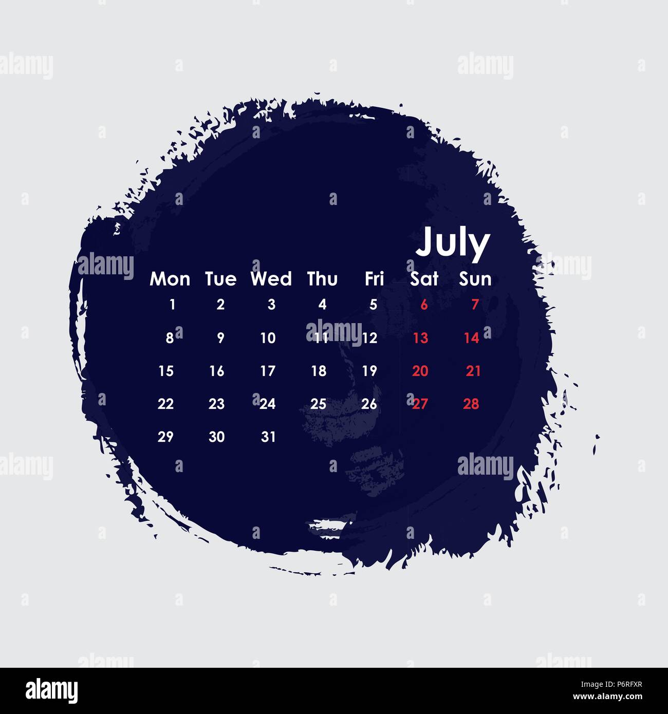 Juli 2019 Vorlage Kalender. Beginnt ab Montag. Vector Illustration. Stock Vektor