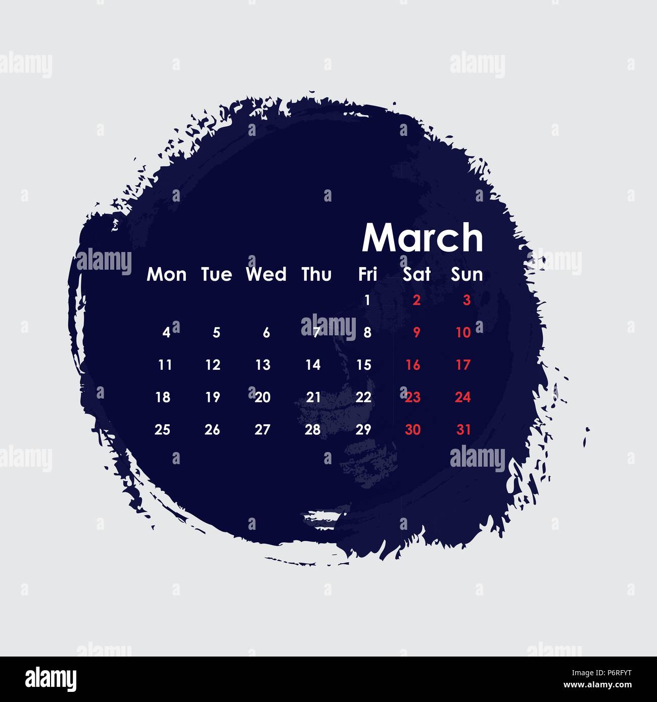 März 2019 Vorlage Kalender. Beginnt ab Montag. Vector Illustration. Stock Vektor