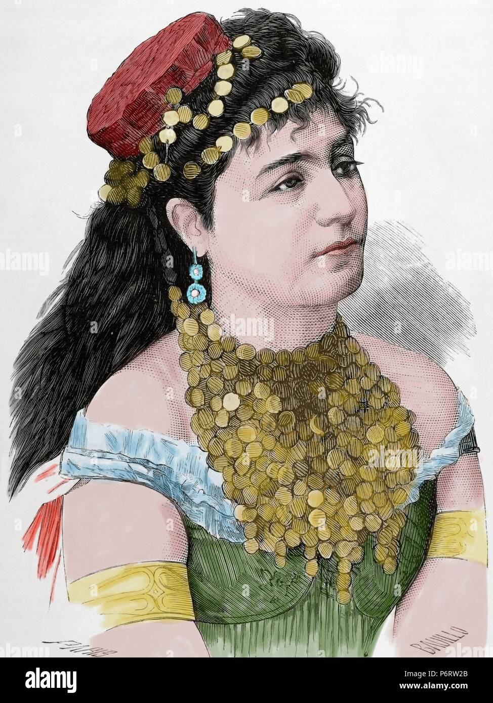 Rosita Mauri (1850-1923). Tänzerin und Ballettlehrerin katalanischer Herkunft. Kupferstich von Paris. La Ilustracion Espanola y Americana, 1875. Farbige. Stockfoto