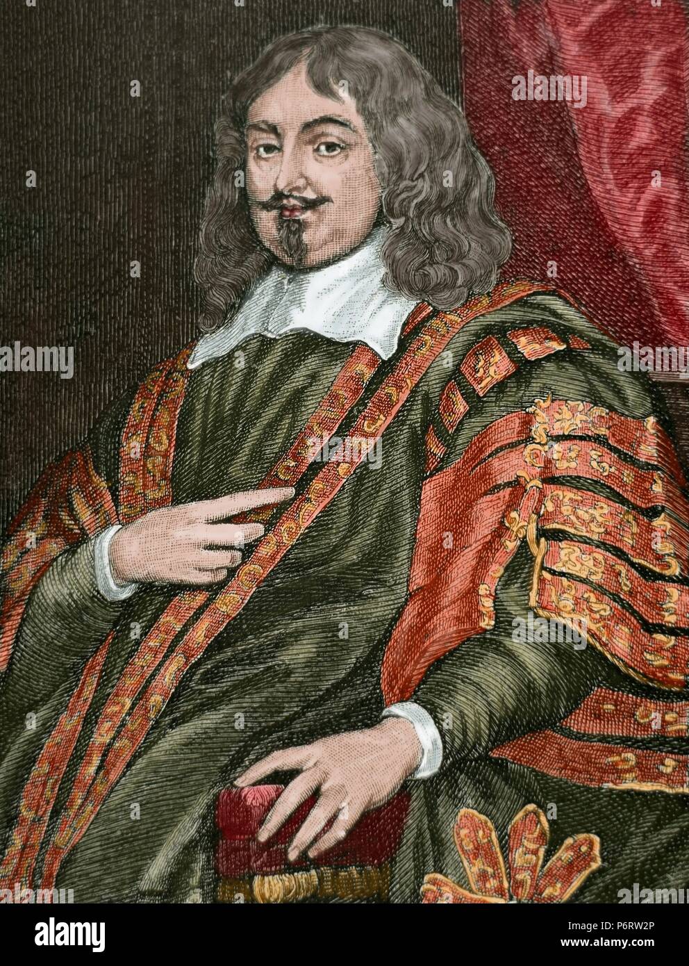 Edward Hyde, 1. Earl of Clarendon (1609-1674). Englischer Staatsmann, Historiker und Großvater mütterlicherseits der beiden englischen, schottischen und irischen Monarchen, Königin Mary II. und Königin Anne. Porträt. Kupferstich von R. Cooper. Farbige. Stockfoto Edward Hyde, 1. Earl of Clarendon (1609-1674). Englischer Staatsmann, Historiker und Großvater mütterlicherseits der beiden englischen, schottischen und irischen Monarchen, Königin Mary II. und Königin Anne. Porträt. Kupferstich von R. Cooper. Farbige. Stockfoto