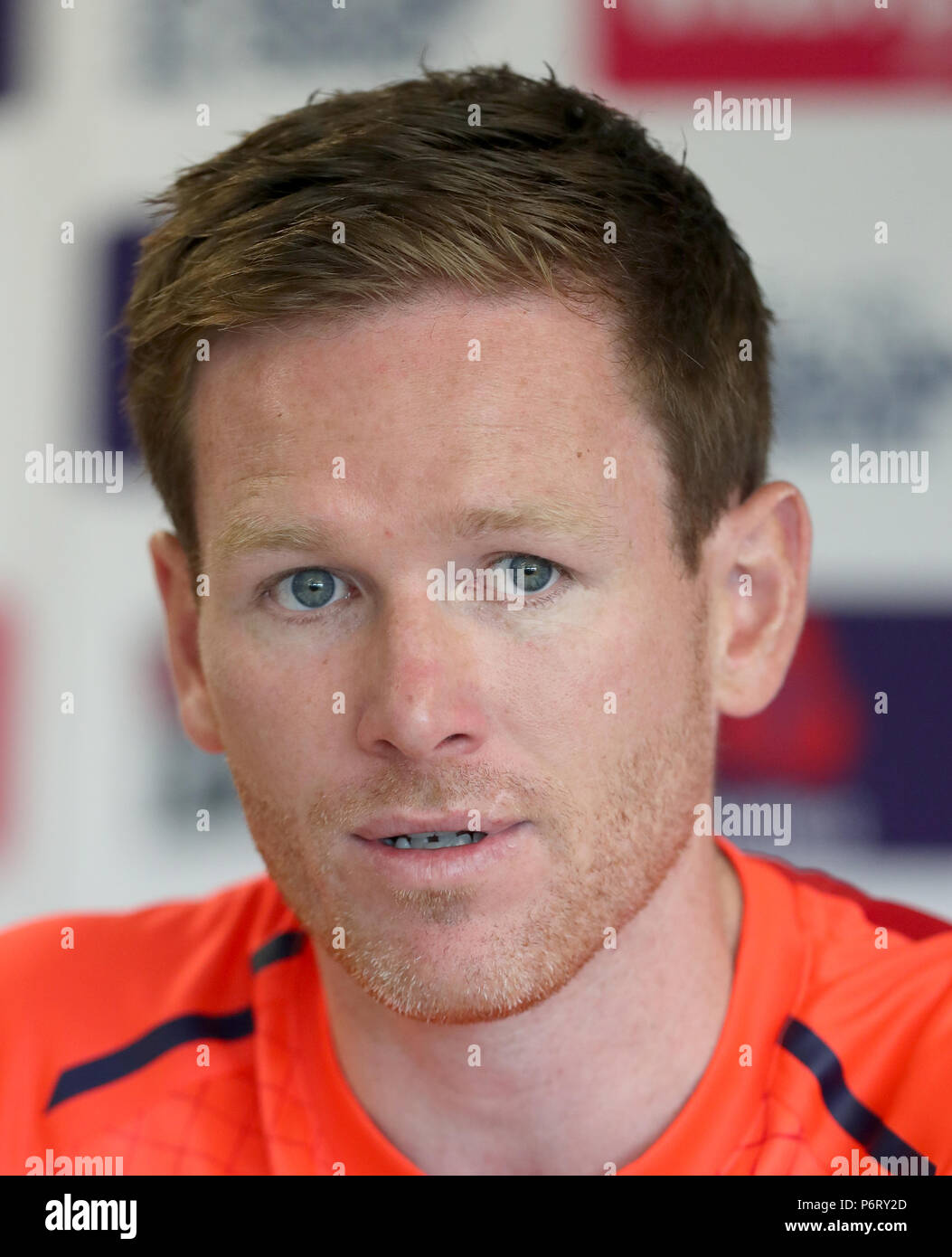 England's Eoin Morgan spricht zu den Medien während einer Pressekonferenz in der Emirates Old Trafford, Manchester. Stockfoto