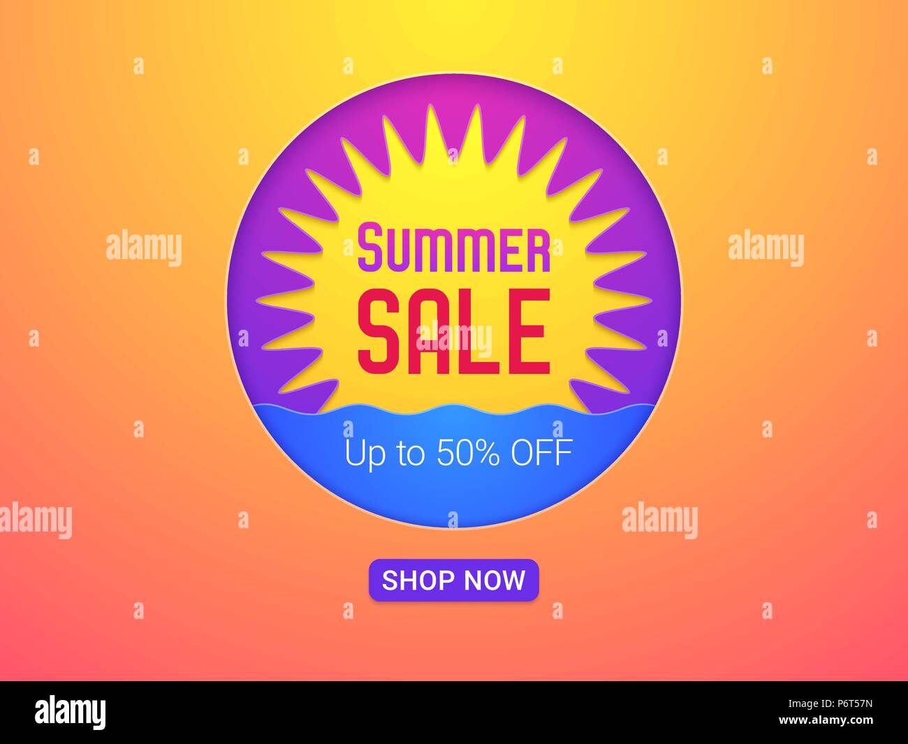 Banner der Summer Sale. Vector Abbildung: Summer Sale mit Rabatt von bis zu 50 Prozent aus. Sonne und Meer, helle Farben und gelb-orange backgrou Stock Vektor