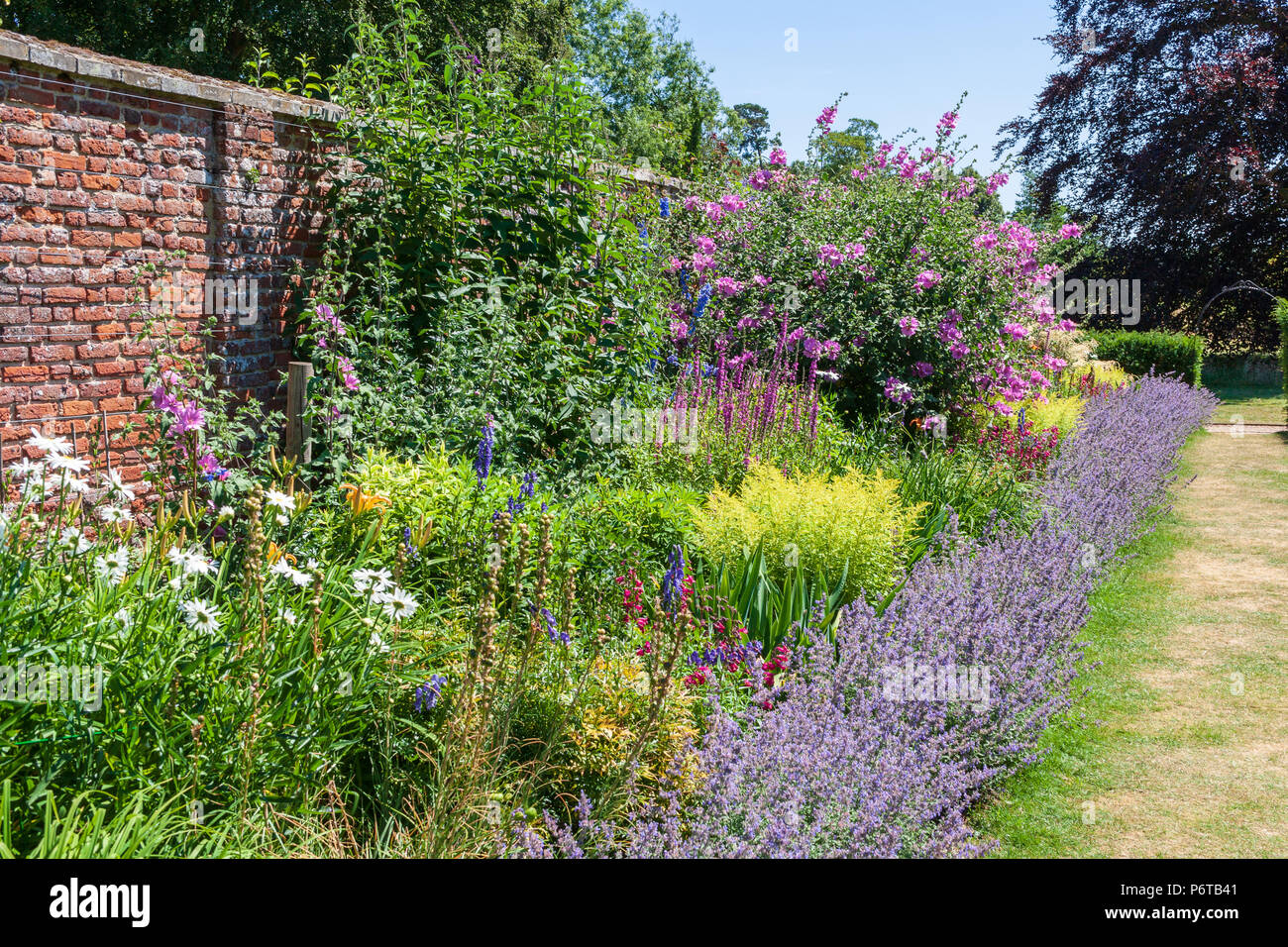 Bunte Staudenbeet ummauerten Garten Sommer uk Stockfoto