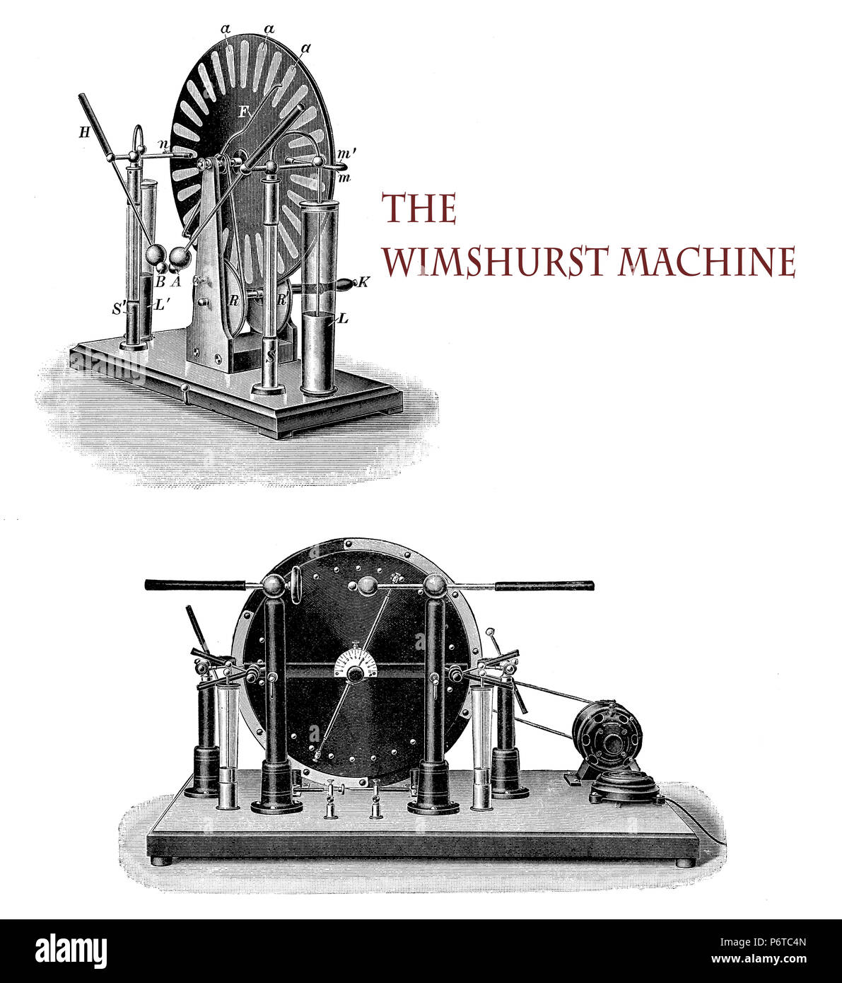 Strom: Die Maschine Wimshurst, entwickelt von der britischen Erfinder-Genie James Wimshurst (1832 - 1903), ist ein elektrostatischer Generator zur Erzeugung der Hochspannungen auf elektrostatische Induktion, mit zwei gegenläufigen Disc in einer vertikalen Ebene. Stockfoto