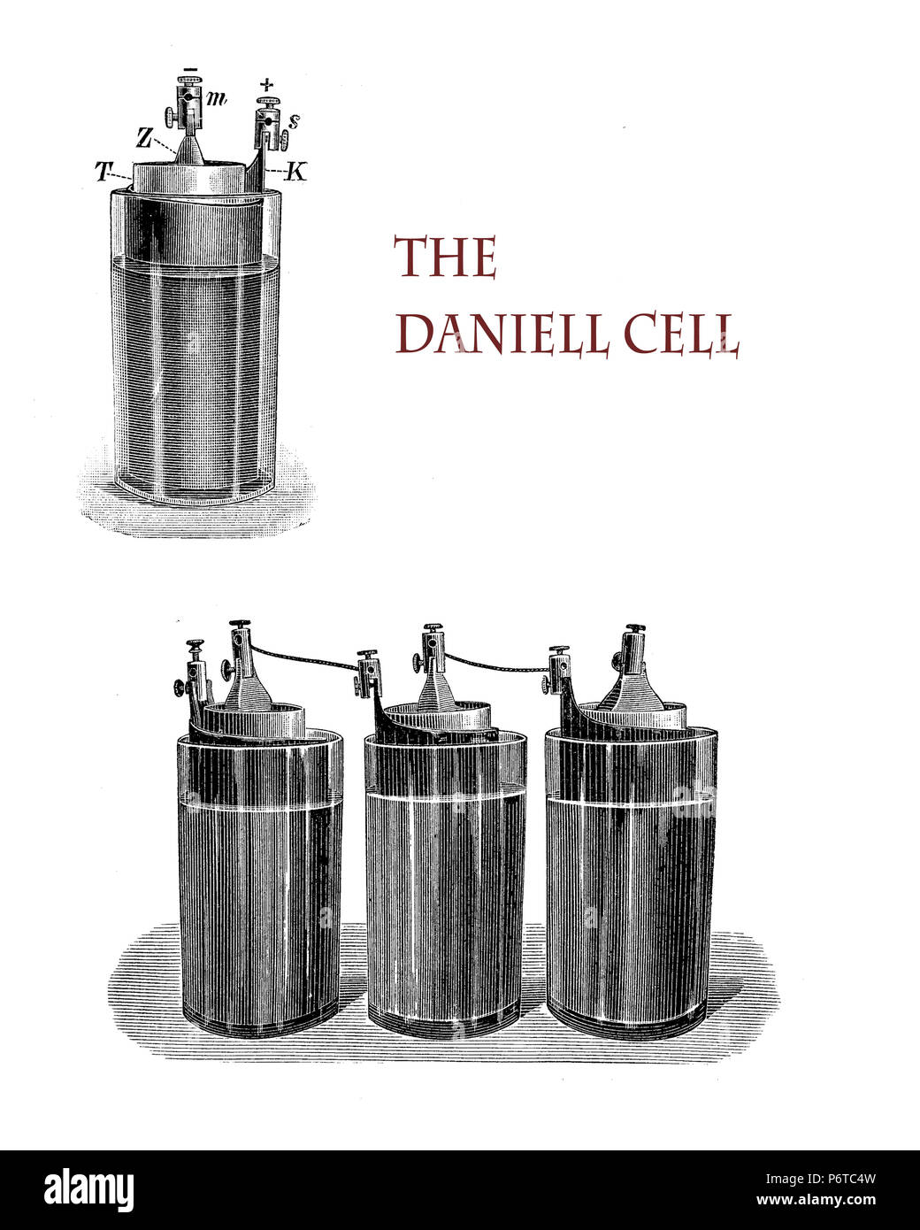 Strom- und Lab Anwendungen: Daniell elektrochemische Zelle erfunden von John Frederic Daniell ist eine Verbesserung der Voltasche Säule kontinuierlichen Strom an einen Stromkreis, vintage Abbildung zur Verfügung zu stellen Stockfoto
