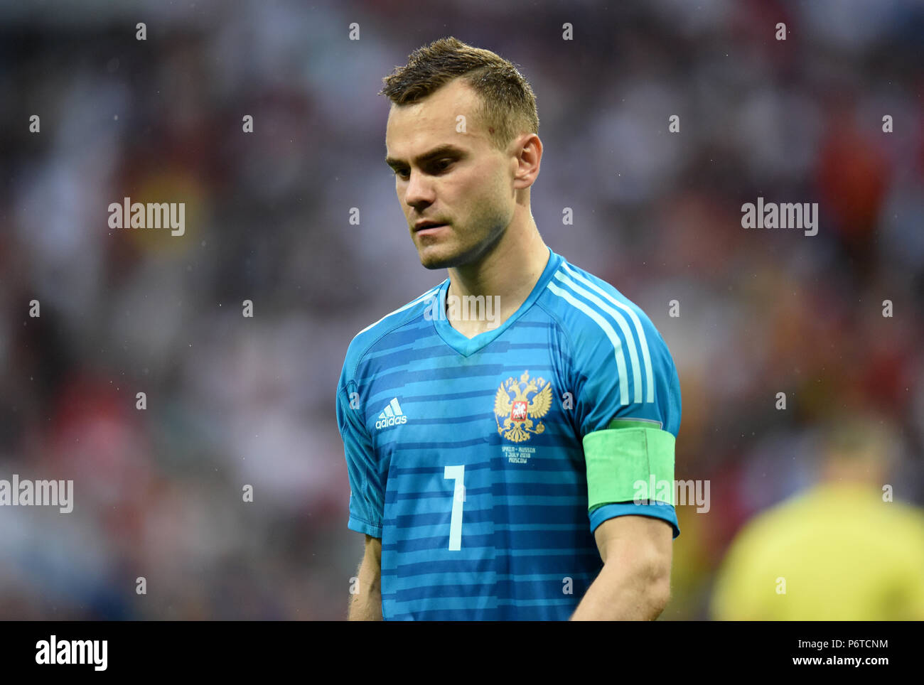 Moskau, Russland - Juli 1, 2018. Die russische Nationalmannschaft Torwart Igor Akinfeev beim Elfmeterschießen in FIFA WM 2018 Umlauf von 16 matc Stockfoto