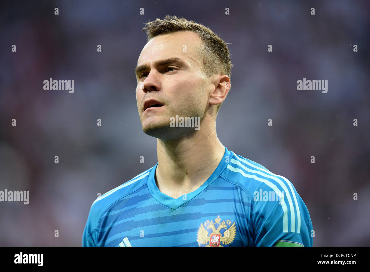 Moskau, Russland - Juli 1, 2018. Die russische Nationalmannschaft Torwart Igor Akinfeev beim Elfmeterschießen in FIFA WM 2018 Umlauf von 16 matc Stockfoto