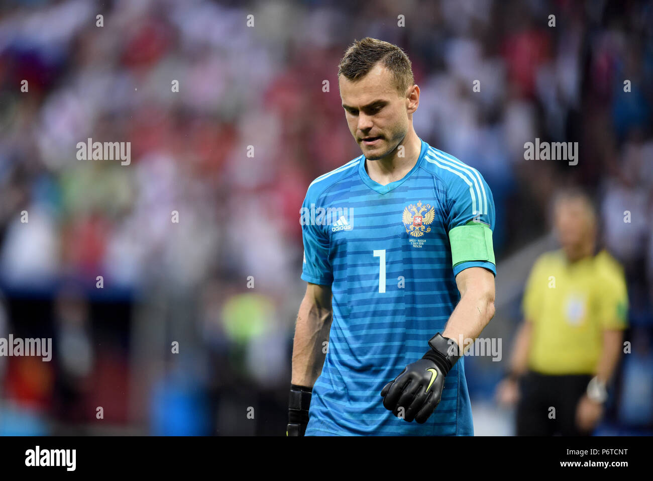 Moskau, Russland - Juli 1, 2018. Die russische Nationalmannschaft Torwart Igor Akinfeev beim Elfmeterschießen in FIFA WM 2018 Umlauf von 16 matc Stockfoto