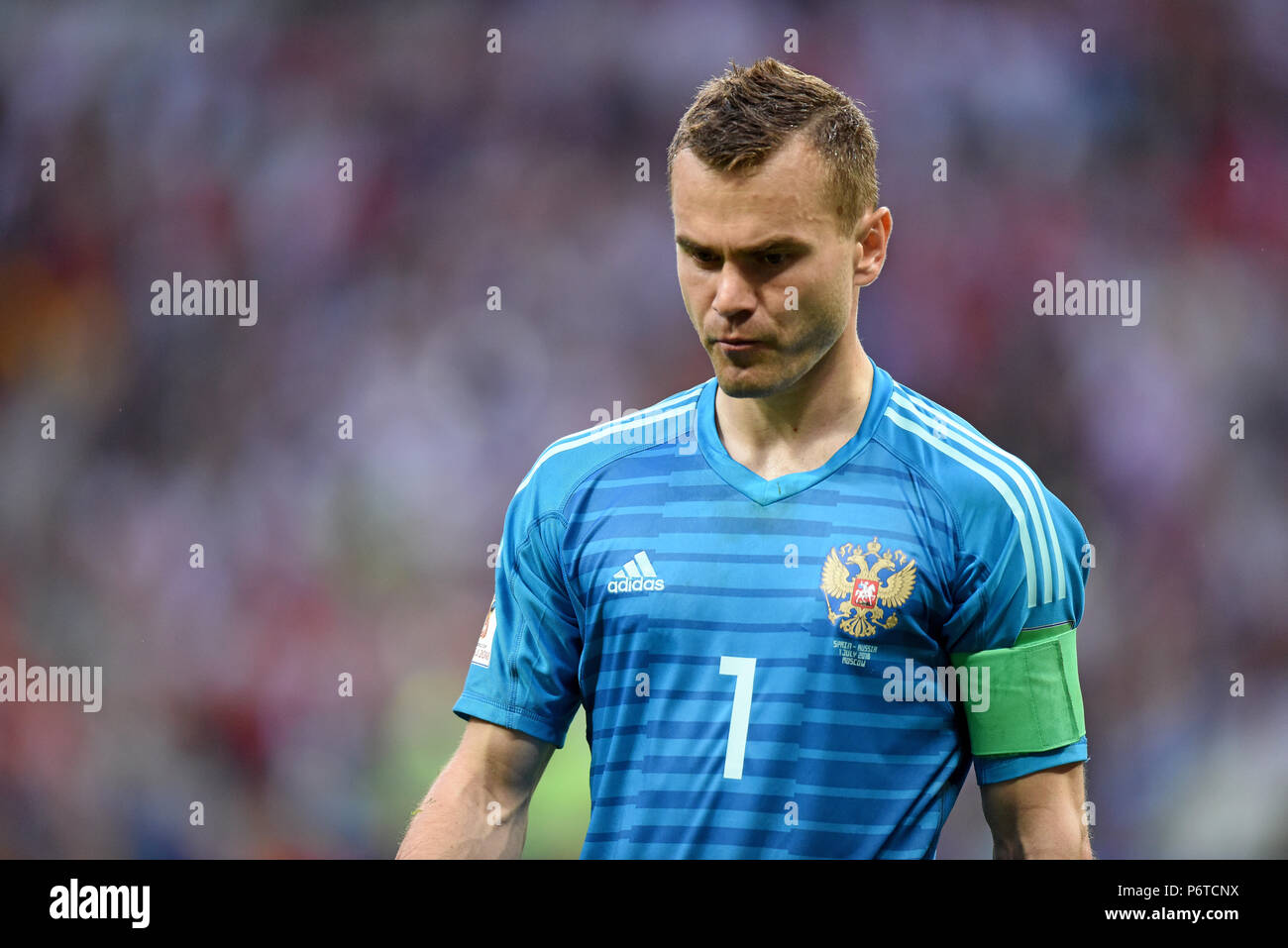 Moskau, Russland - Juli 1, 2018. Die russische Nationalmannschaft Torwart Igor Akinfeev beim Elfmeterschießen in FIFA WM 2018 Umlauf von 16 matc Stockfoto