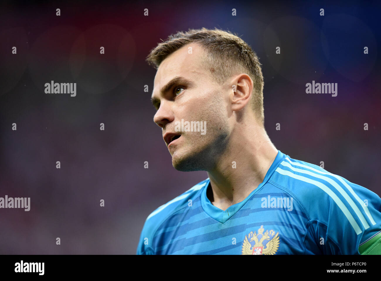 Moskau, Russland - Juli 1, 2018. Die russische Nationalmannschaft Torwart Igor Akinfeev beim Elfmeterschießen in FIFA WM 2018 Umlauf von 16 matc Stockfoto