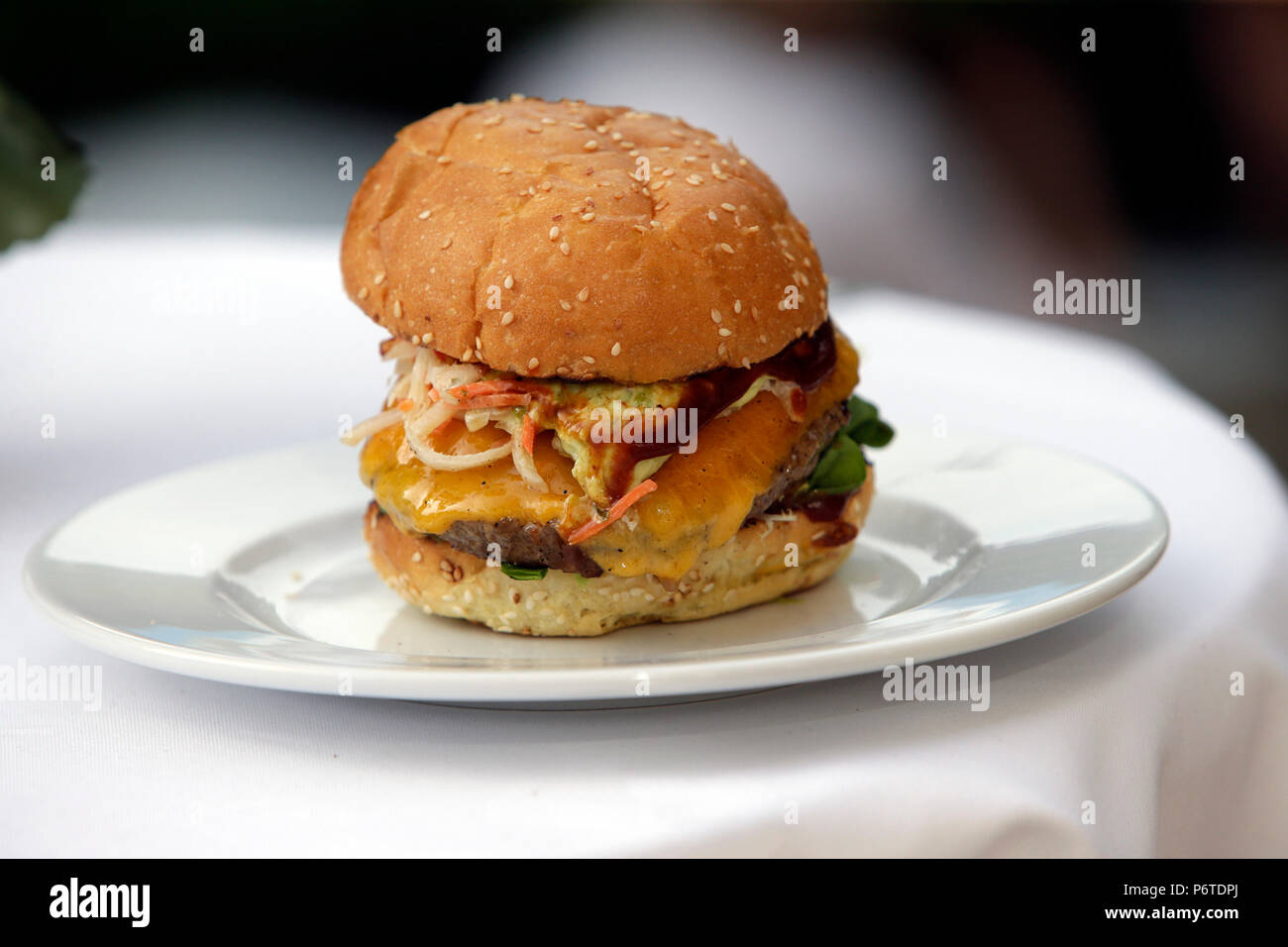 Hoppegarten, Deutschland, Cheeseburger auf einer Platte Stockfoto