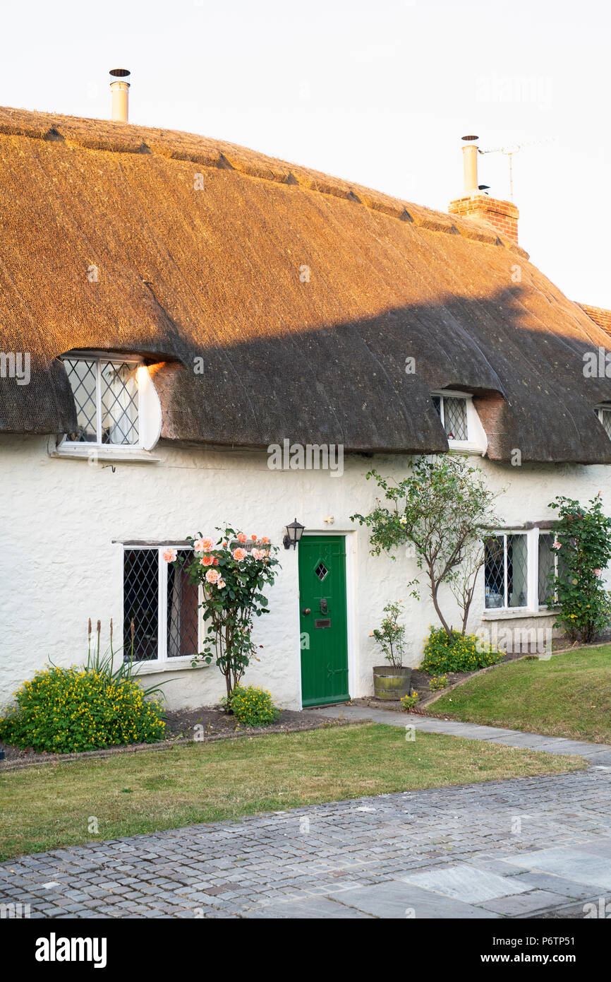 Reetdachhaus und Rosen im Dorf Great Milton, Oxfordshire, England Stockfoto