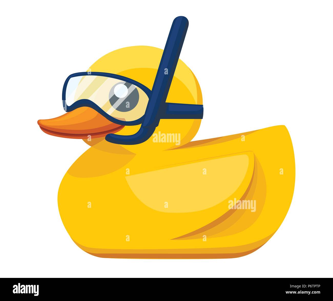 Gelbe Gummiente. Cartoon niedliche Entchen für die Badewanne. Entlein mit Taucherbrille und Schnorchel. Flache Vector Illustration auf weißem Hintergrund. Stock Vektor
