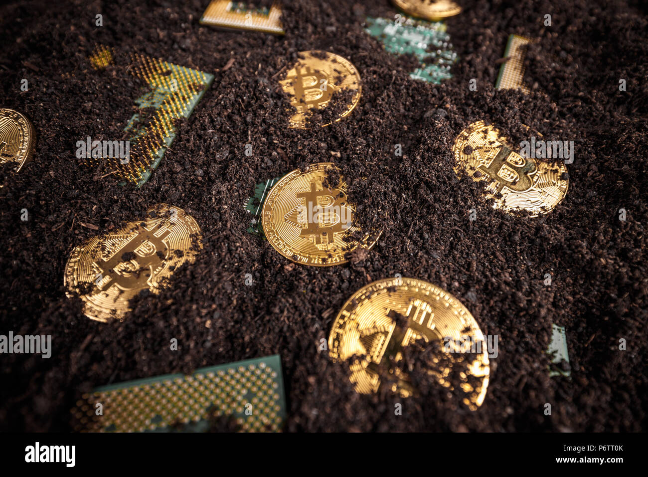 Golden Bitcoins. Neue virtuelle Geld in Boden mit Prozessor Stockfoto