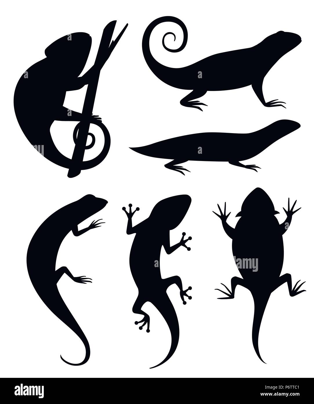 Schwarze Silhouette. Cartoon chameleon Klettern auf Zweig. Kleine Echsen. Tier Flachbild icon Sammlung. Vector Illustration auf weißem Hintergrund. Stock Vektor
