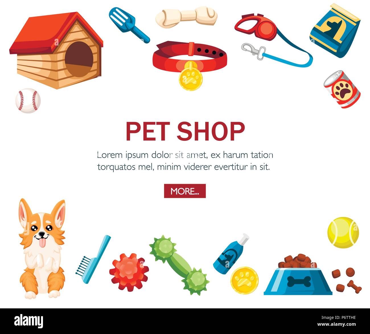 Zubehör für Heimtiere. Pet Shop dekorative Symbole. Zubehör für Hunde. Flache Vector Illustration auf weißem Hintergrund. Konzept Design für die Website oder adverti Stock Vektor