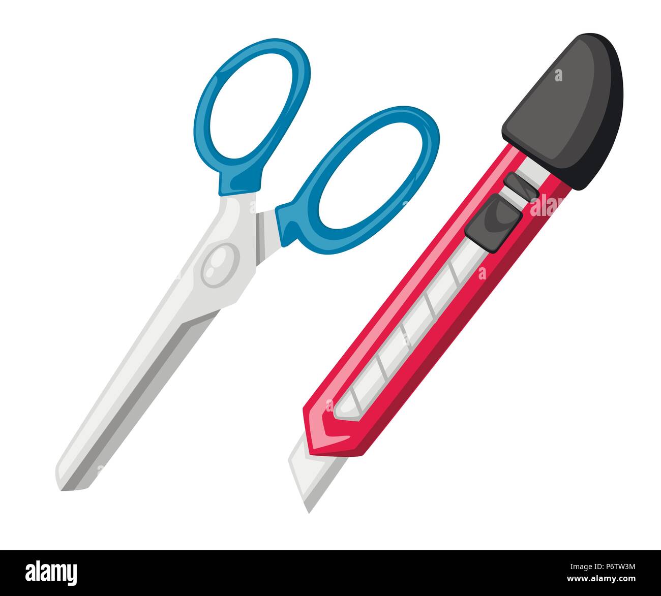 Blau rot Schreibwaren Messer und Schere. Flat Style Design. Office Tools. Vector Illustration auf weißem Hintergrund. Stock Vektor