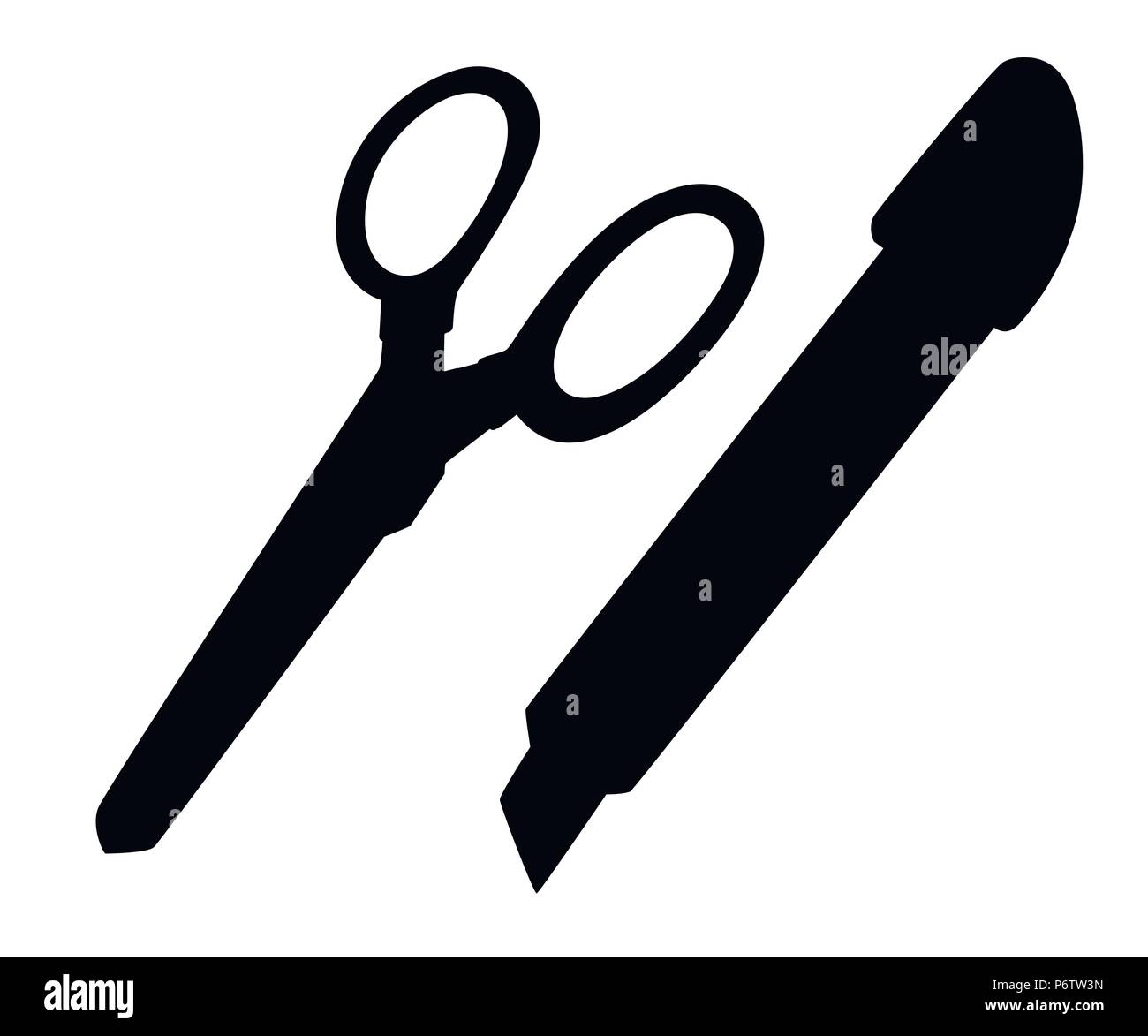 Schwarze Silhouette. Schreibwaren Messer und Schere. Flat Style Design. Office Tools. Vector Illustration auf weißem Hintergrund. Stock Vektor