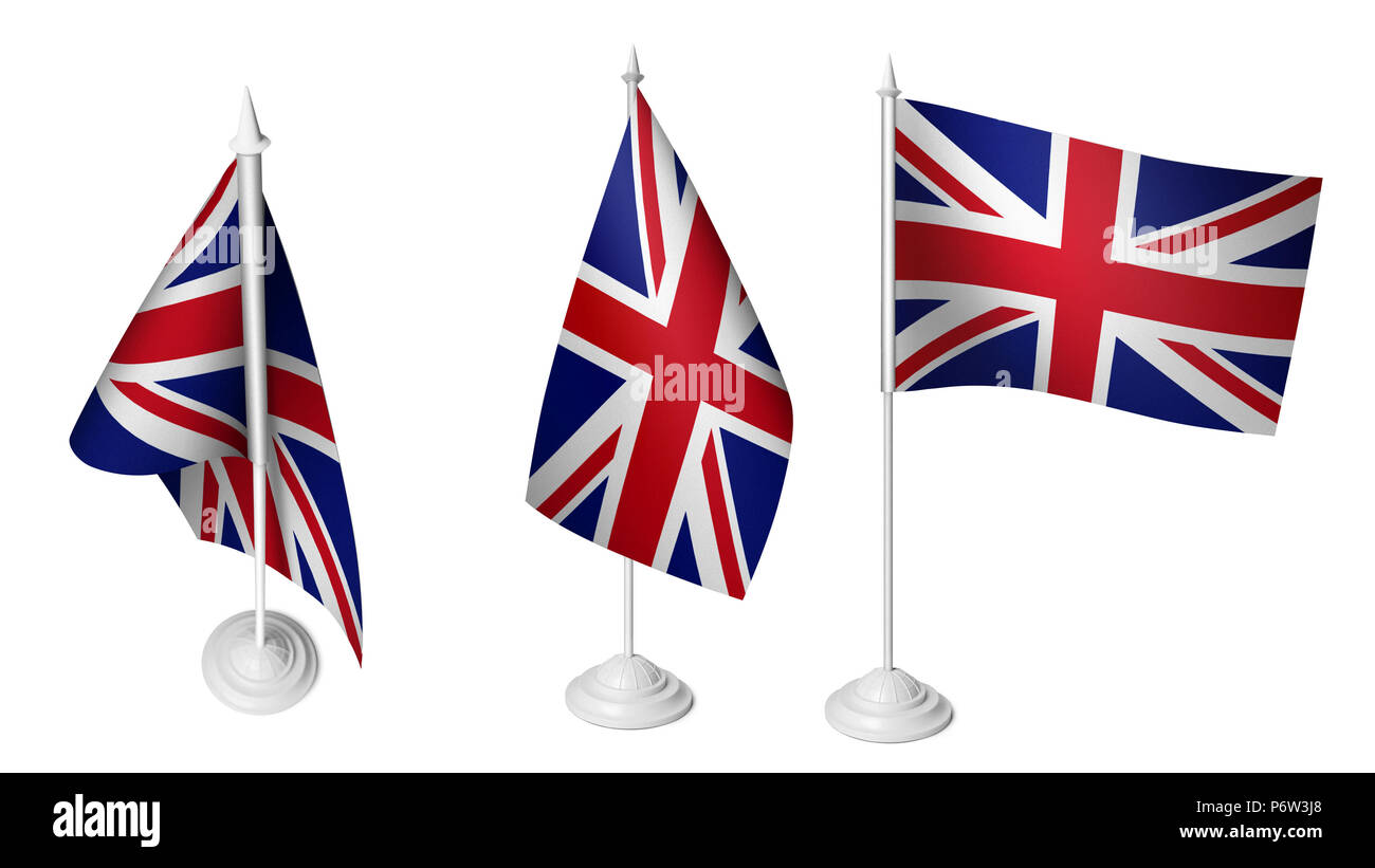 Isolierte 3 kleine Großbritannien Flagge schwenkten 3d Realistische United Kingdom fabric Stockfoto