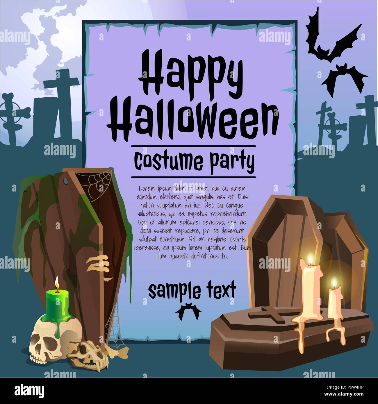 Ein Poster zum Thema der Halloween Urlaub. Vintage Holzsärge und Kerzen. Vector Illustration. Stock Vektor