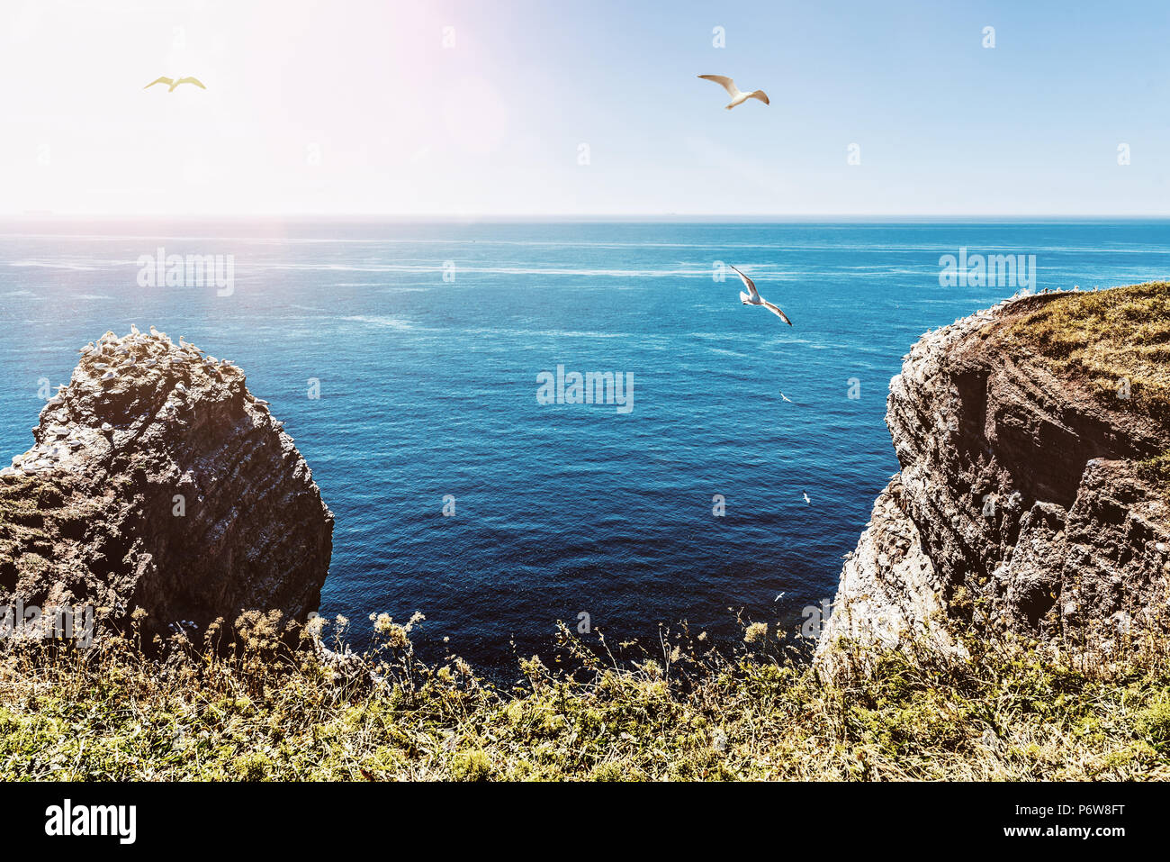 Klippen auf Helgoland gegen den blauen Himmel und Meer Stockfoto