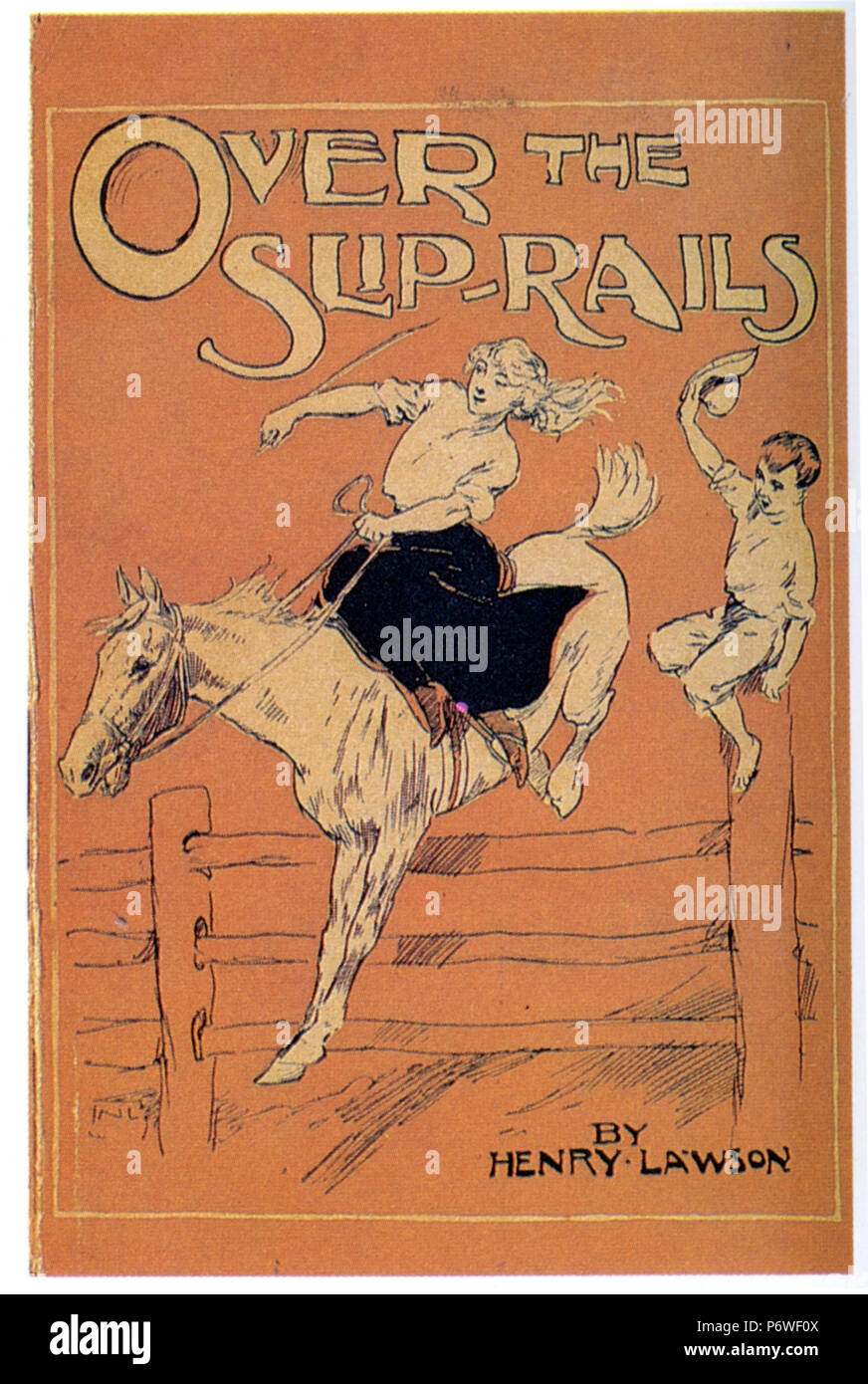 FRONTCOVER VON "ÜBER DIE SCHIENEN“ VON HENRY ARCHIBALD LAWSON AUSTRALISCHER BUSCHDICHTER VERÖFFENTLICHT 1909. TITELBILD VON NORMAN LINDSAY. Stockfoto