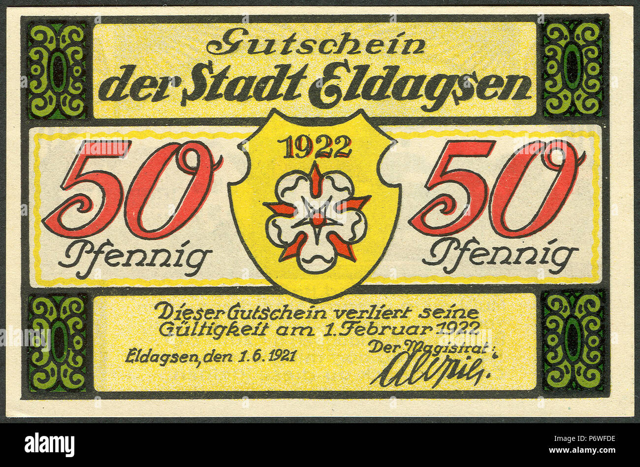 1921-06-01 Gutschein der Stadt Eldagsen, 0,50 Mark 50 Pfennig, gültig bis 1. März 1922, a, faksimilierte Unterschrift der Magistrat. Stockfoto