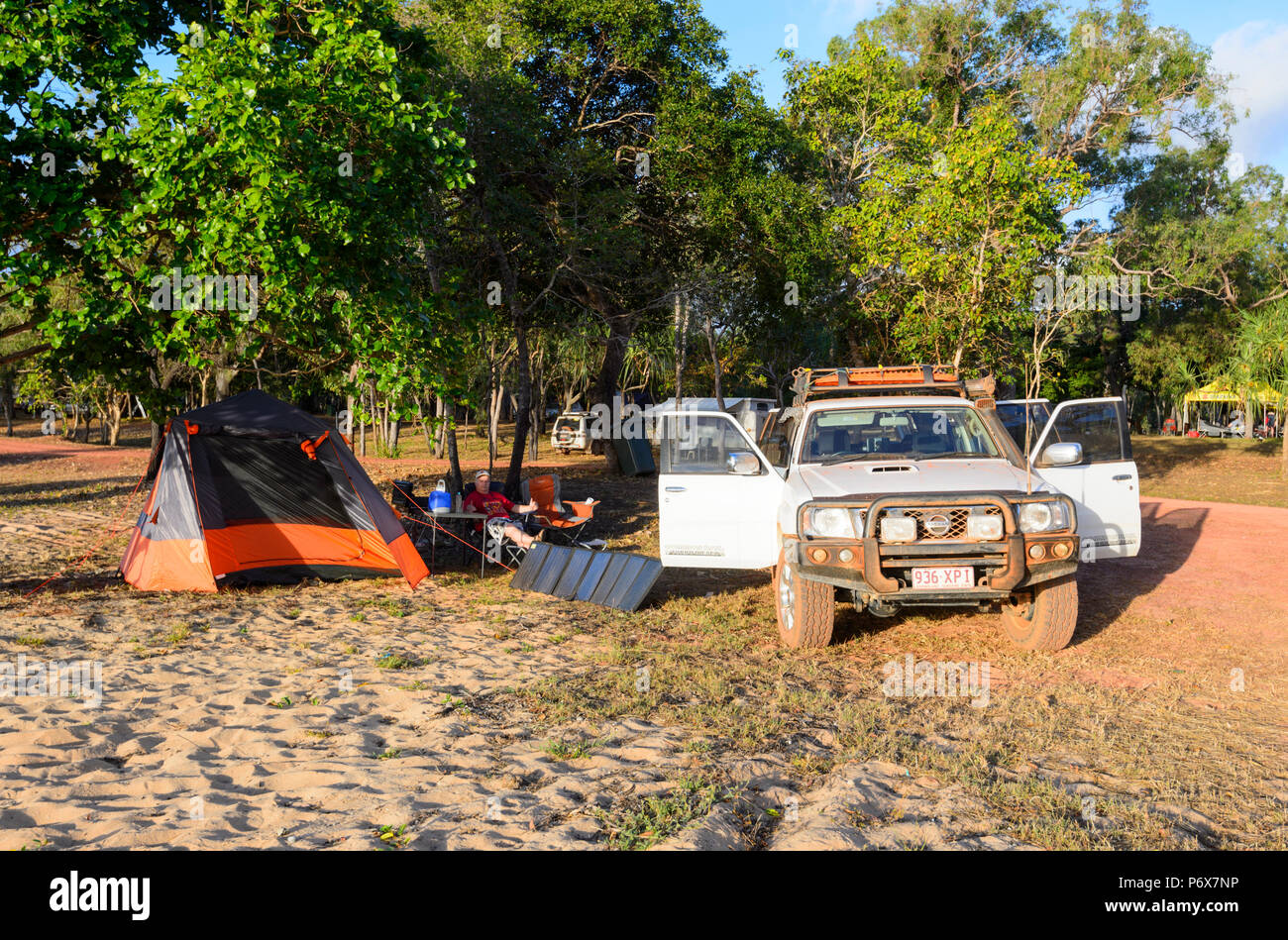 Camping am Strand von Seisia, Cape York Halbinsel, Far North Queensland, FNQ, QLD, Australien Stockfoto