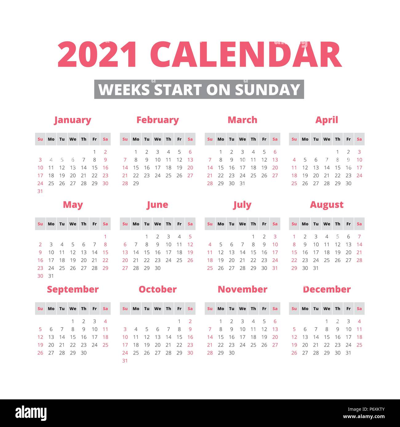 Einfache 2021 Jahr Kalender, Woche am Sonntag beginnt Stock-Vektorgrafik -  Alamy