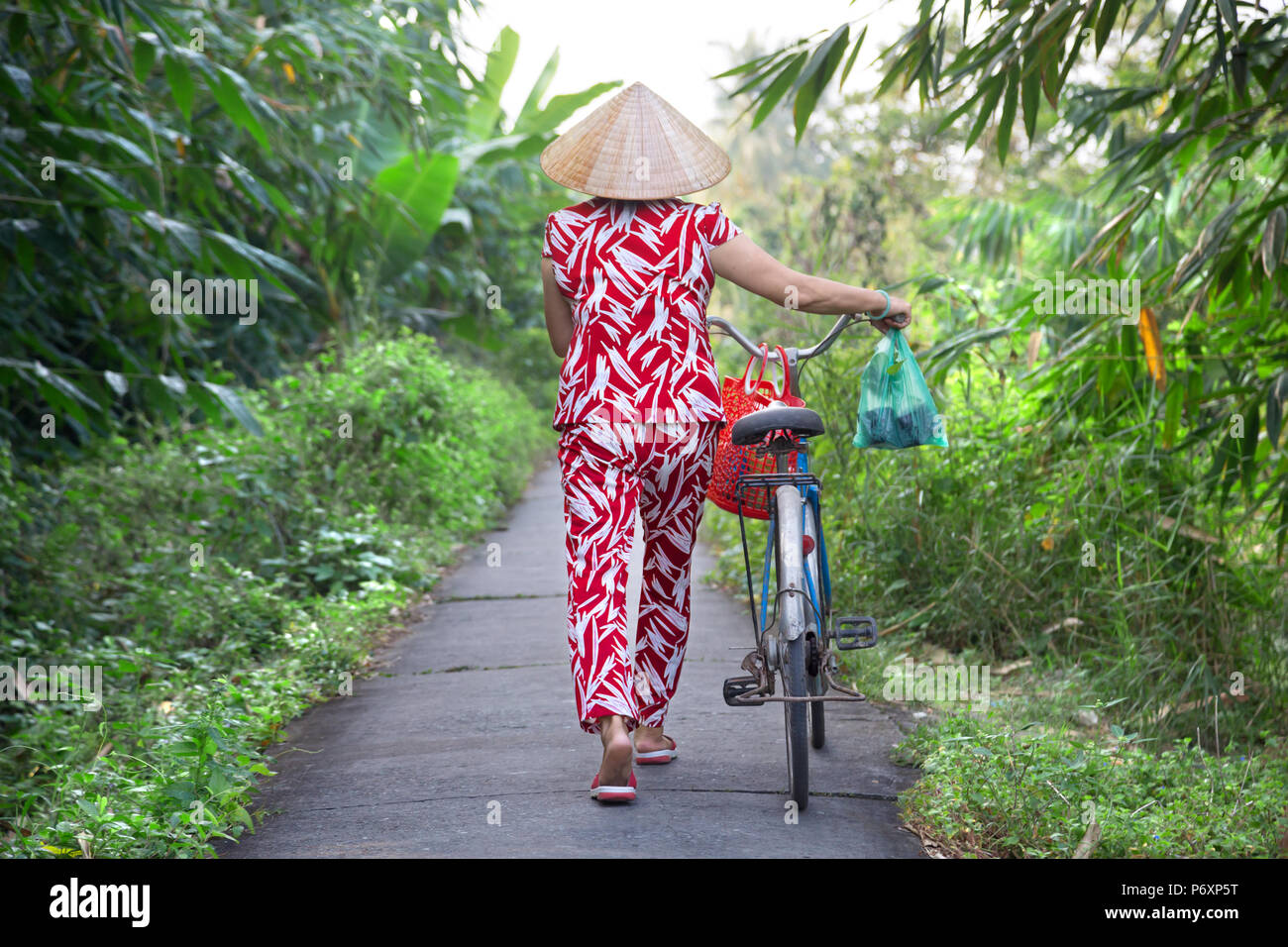 Frau mit Fahrrad- und konische Hut auf einer Insel Binh, Vietnam Stockfoto