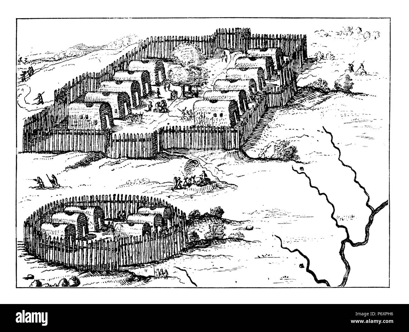 North American Indian Village. Nach einer Karte aus dem 17. Jahrhundert, Stockfoto