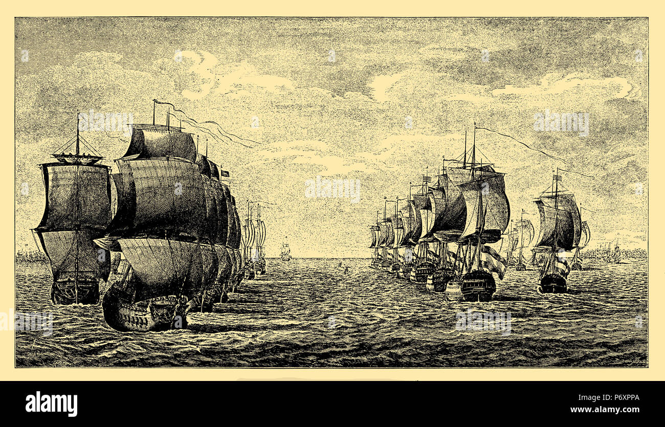Seeschlacht an der Doggersbank. Organisation der Niederländischen und Englischen Schlachtlinien, bevor die Schlacht begann am 5. August 1781. Nach einer zeitgenössischen niederländischen Zeichnung von Reitz, durch Salliet in Amsterdam, 1899 eingraviert Stockfoto