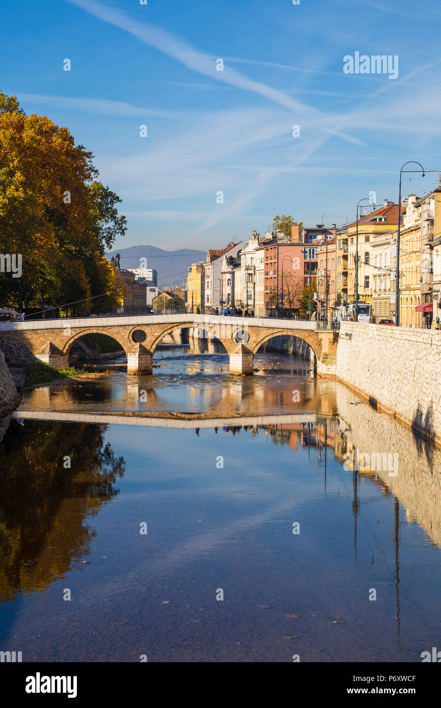 Bosnien und Herzegowina, Sarajevo, Latein Brücke - wo Gavrilo Princip ermordet, Erzherzog Franz Ferdinand von Österreich und seine Frau, Sophie, am 28. Juni 1914, die den Beginn des Ersten Weltkrieges ausgelöst Stockfoto