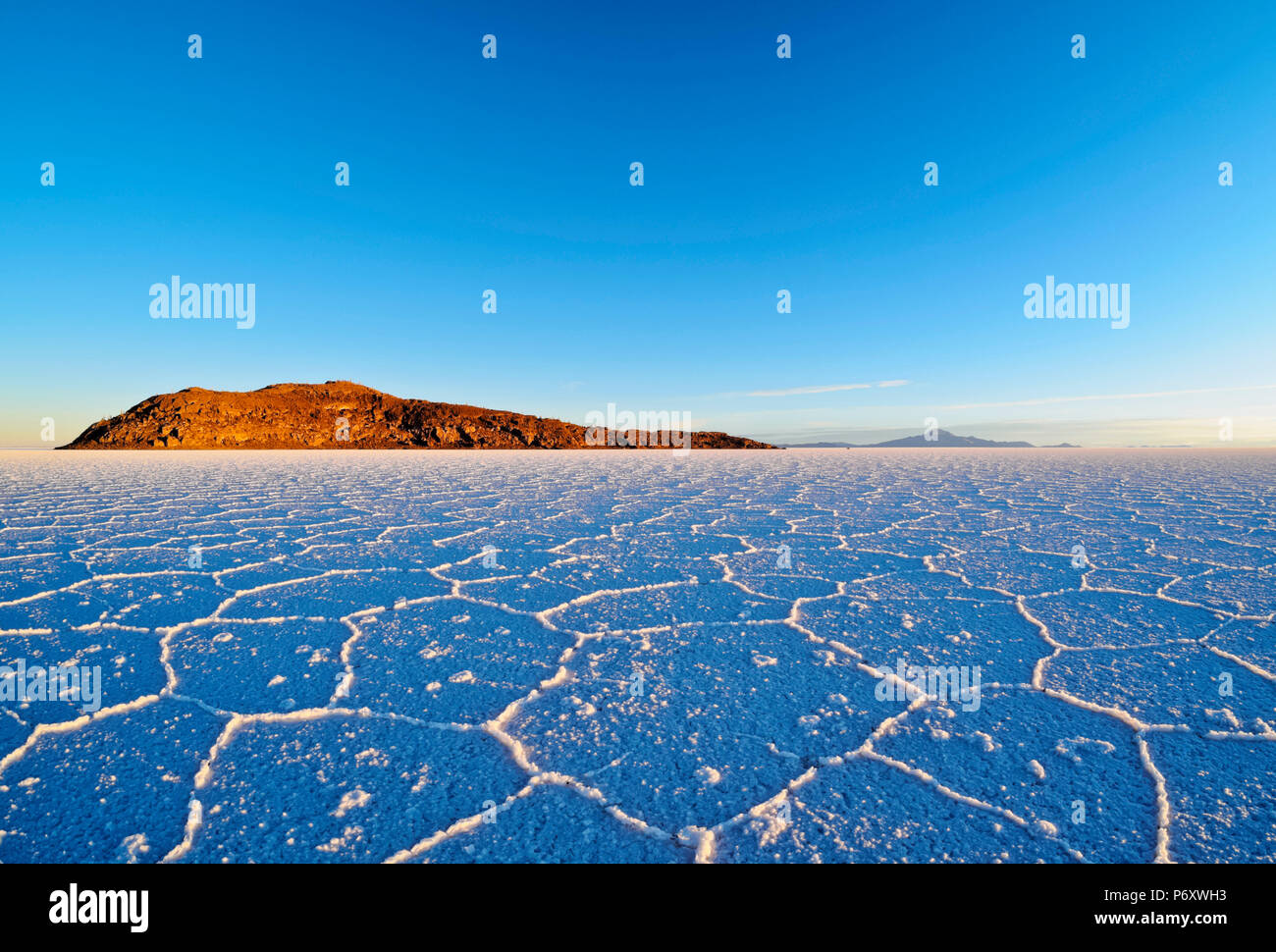 Bolivien, Potosi Department, Daniel Campos Provinz, Salar de Uyuni, Blick auf die Insel Incahuasi bei Sonnenaufgang. Stockfoto