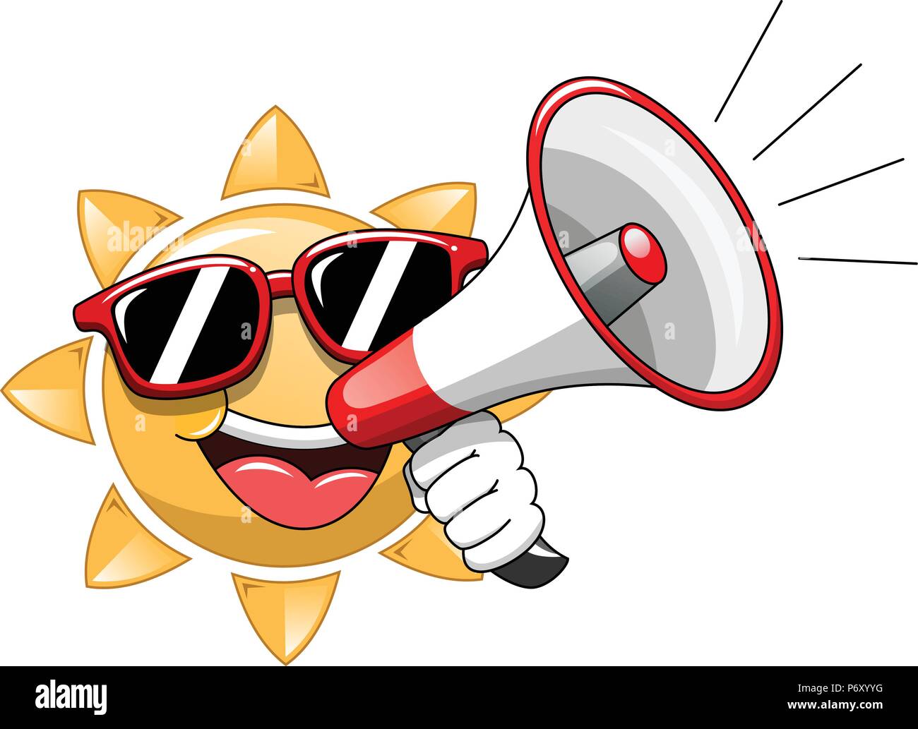 Cartoon Sun mit Sonnenbrille und sprechen mit Megafon isoliert Stock Vektor