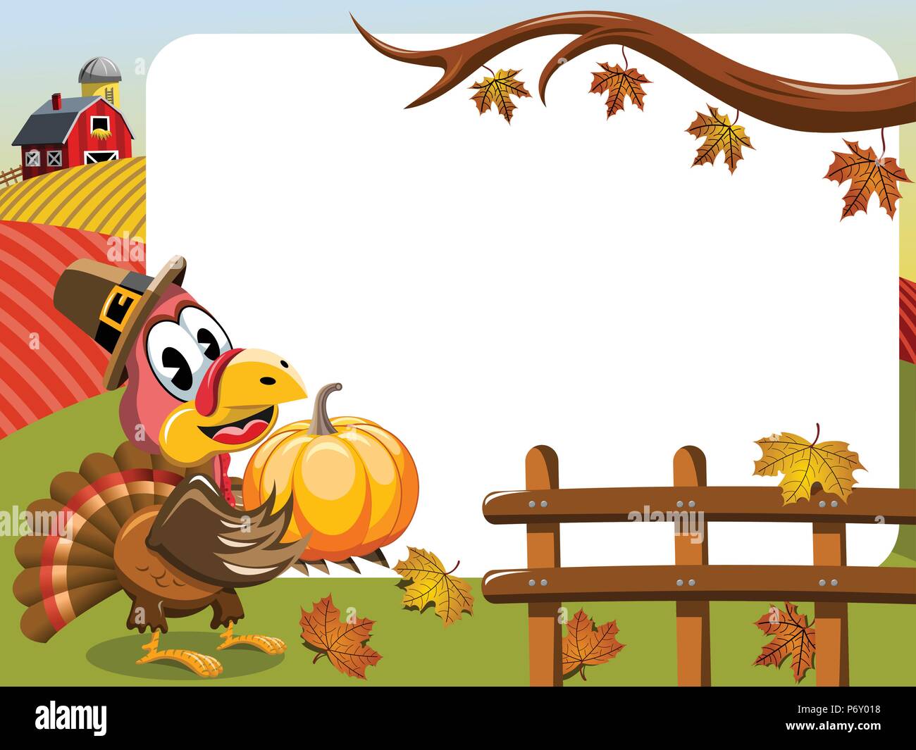 Thanksgiving Day horizontalen Rahmen mit pilgrim Türkei holding Kürbis outdoor Stock Vektor