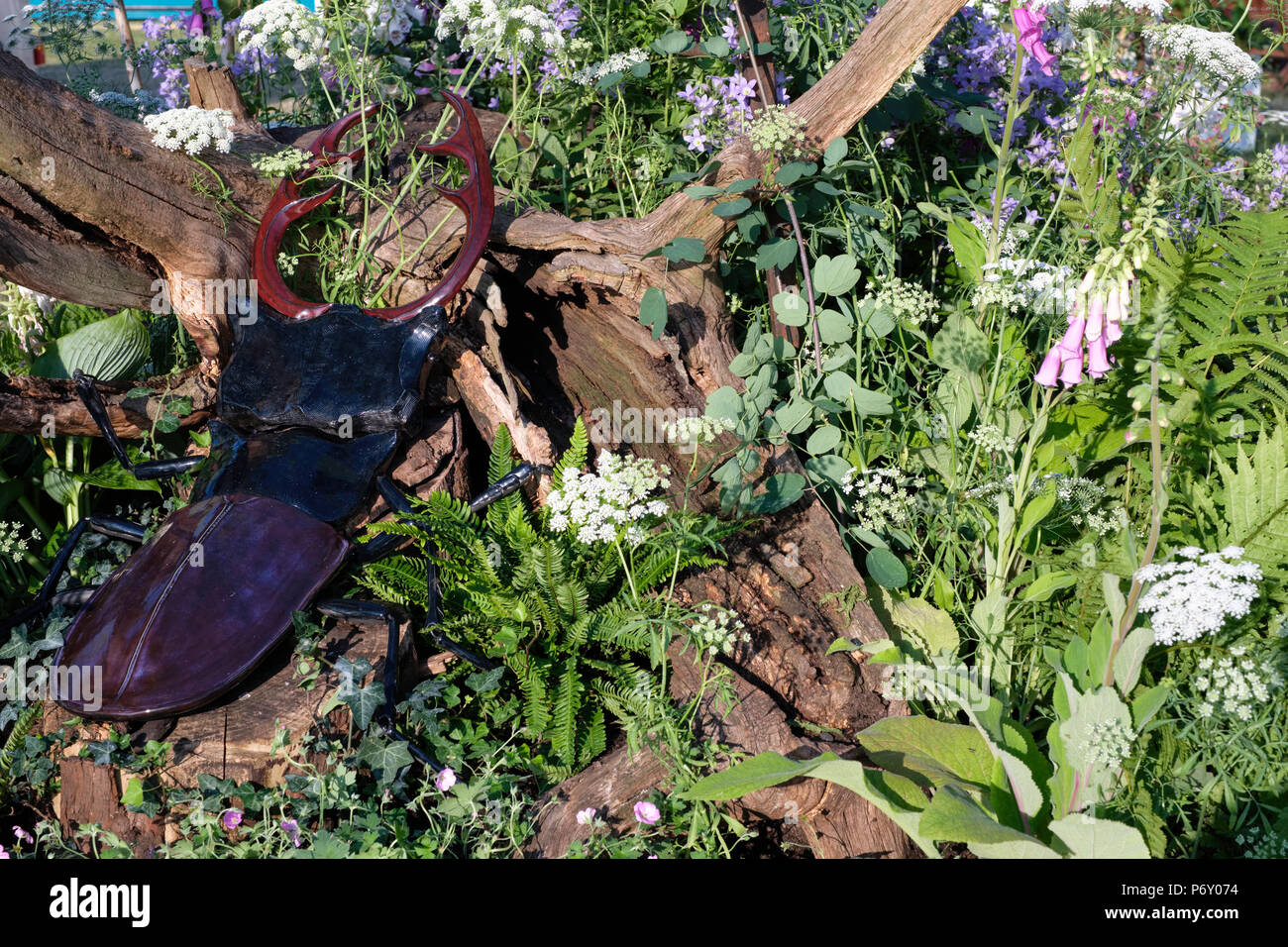 RHS Hampton Court Palace Flower Show, 2018. Die städtische Wälder Wunder Garten. Designer Tätigkeiten im ländlichen Raum. Stockfoto