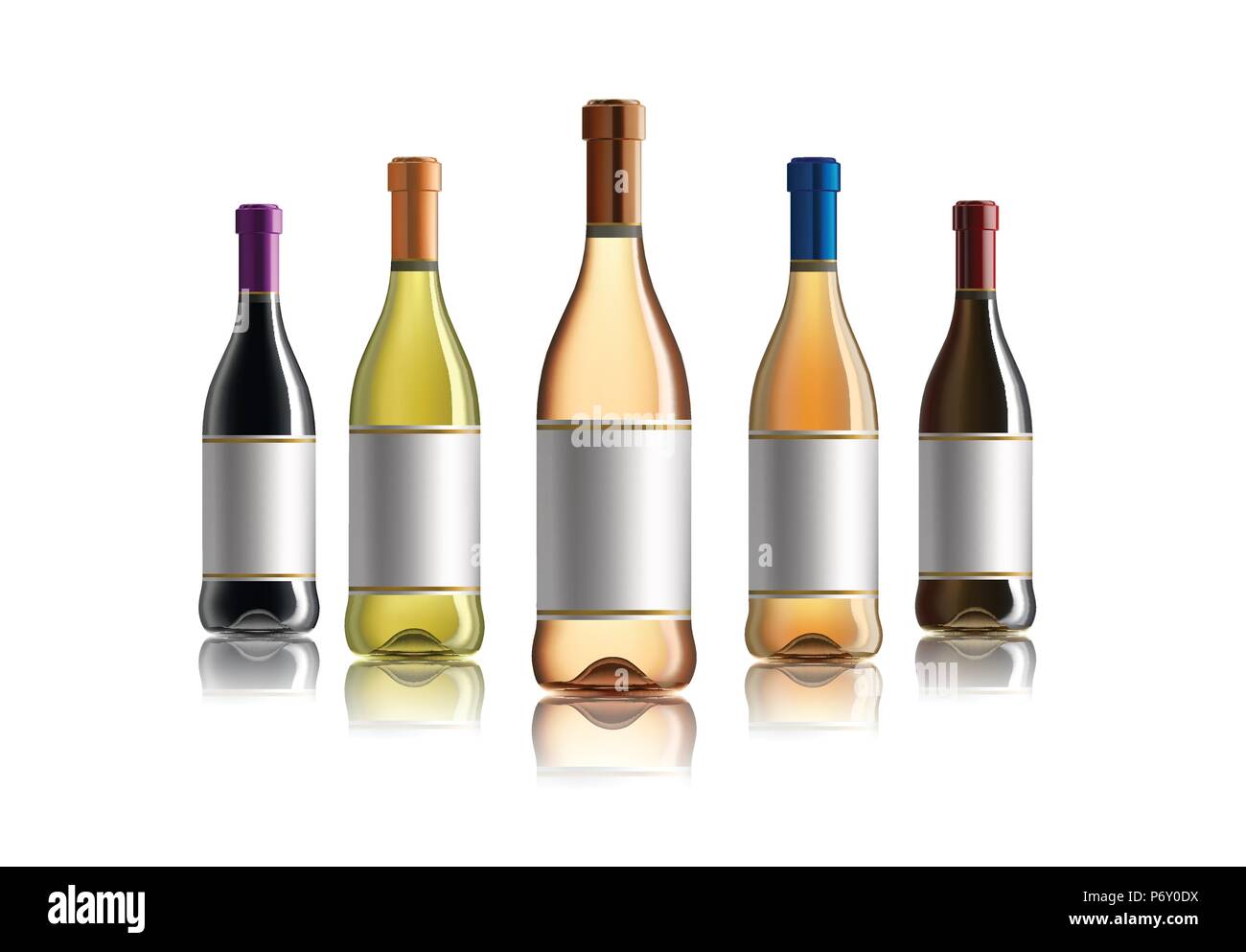 Rotwein aus der Flasche. Satz von Weiß, rosa und rot Wein Flaschen. auf weißem Hintergrund. Stock Vektor