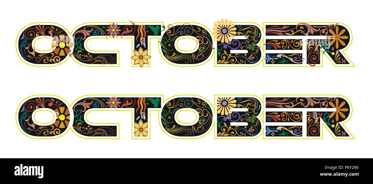 Das Wort Oktober 10. Monat des Jahres, in der Farbe schwarz mit Blüten und Blättern verziert Stock Vektor