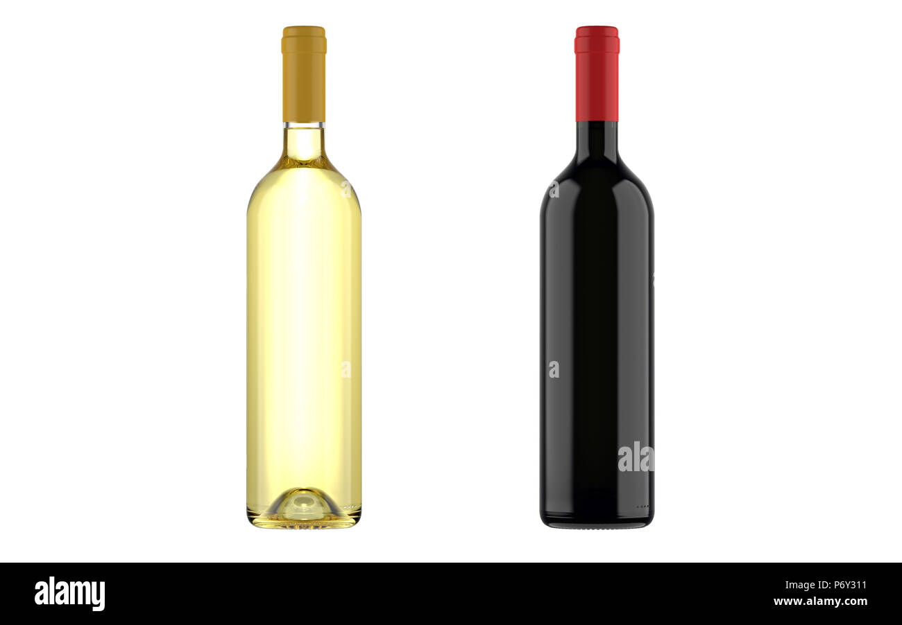 Flaschen Rot- und Weißwein, bordolese Klassiker, immer noch das Leben auf einem weißen Hintergrund. Stockfoto