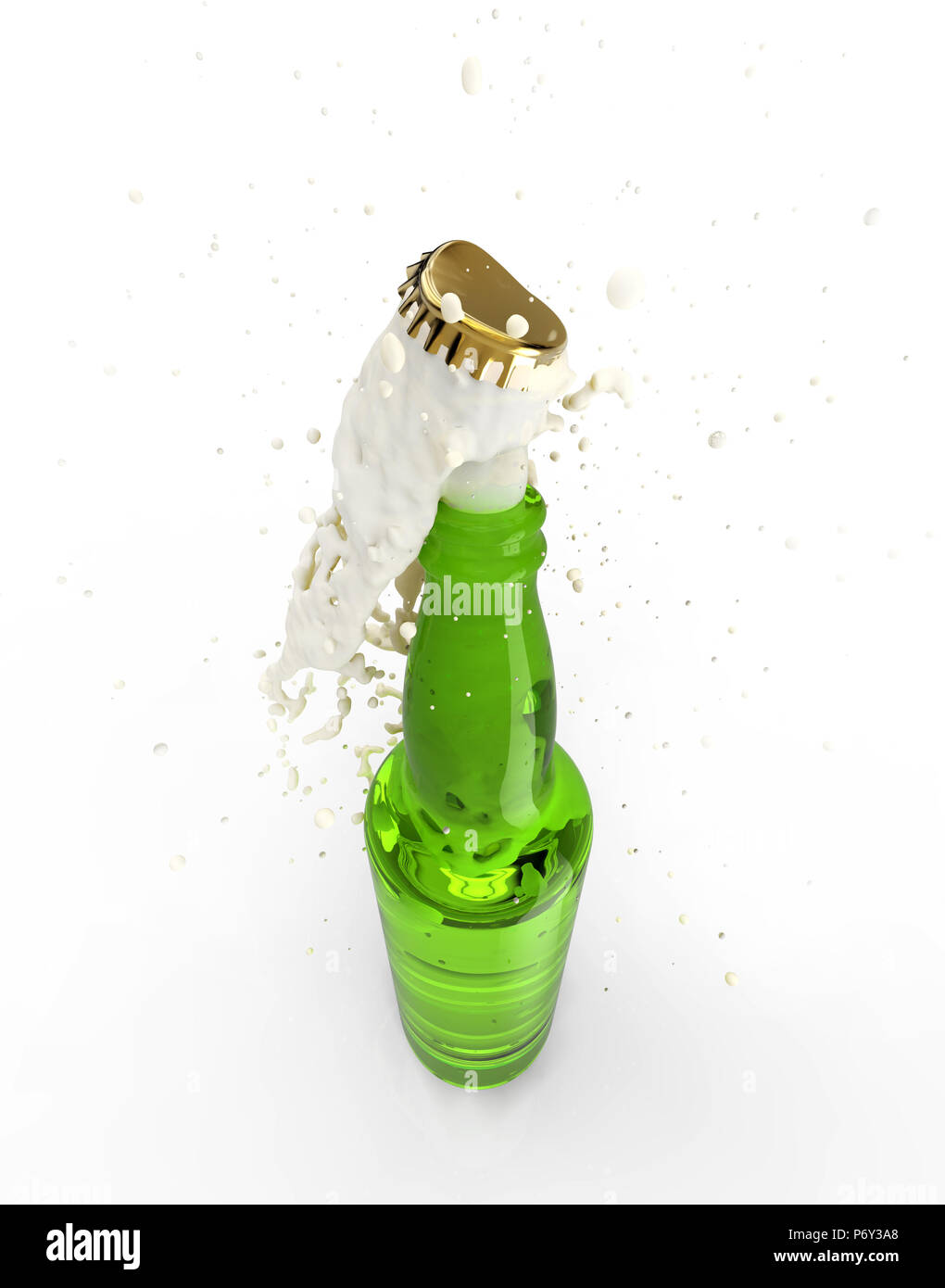 Entkorkte Flasche Bier mit Schaum auf weißem Hintergrund. Stockfoto