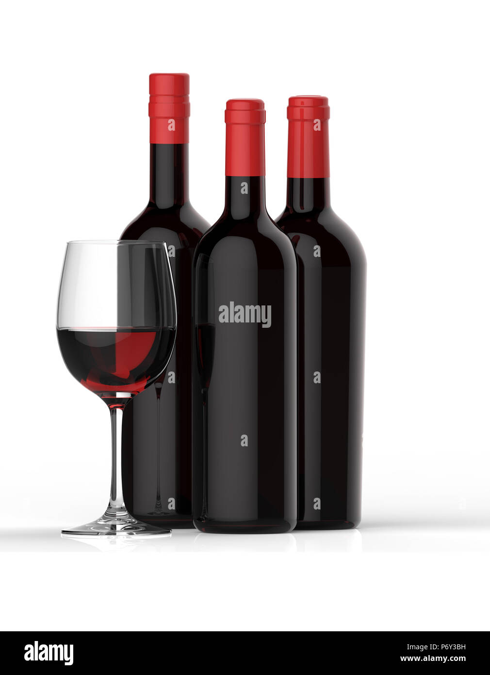 Flaschen Rotwein mit Glas auf weißem Hintergrund. Stockfoto